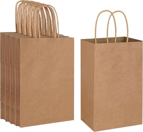 Oikss 50 حزمة 5.25x3.25x8.25 بوصة أكياس هدايا صغيرة مع مقابض السائبة، كرافت حفلة عيد ميلاد تفضل البقالة التجزئة التسوق الأعمال أكياس Goody، أكياس الورق الطبيعية الحرفية أكياس الشبل (بني 50 عدد) in Kuwait