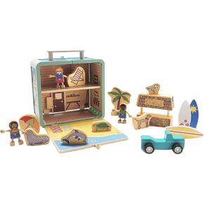 Jack Rabbit Creations Suitcase Playset (Surf Shack Design) 17 Piece Set – Portable Play Toys – Includes Surf Kids, Surfboards, Snack Hut and Car – Made of Eco-Friendly Bamboo - Ages 3+ Years in Kuwait