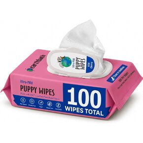 earthbath Ultra-Mild Wild Cherry Puppy Grooming Wipes - Softly Wipe Away Dirt and Odor, Moisturizes, Aloe Vera, Vitamin E - Handily Clean Your Puppies' Dirty Paws & Undercoat - 100 Count, Pack of 2 in Kuwait