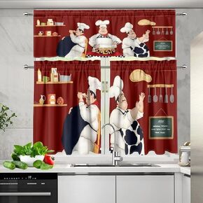 Chef Gnome Kitchen Curtains 3 Piece Set, Kitchen Window Chef Kitchen Decor Three Fat Chefs for Cafe Kitchen and Bedroom (24" L Tiers & 18" L Valance) in Kuwait