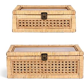 Rattan Square Box with Lid - Set of 2 Wicker Decorative Bins with Glass Cover for Display in Kuwait