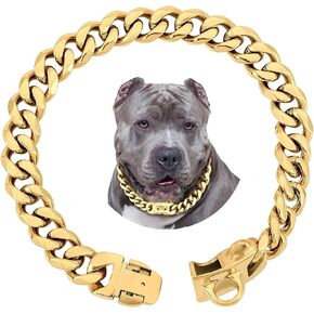 BAOBOTE 15MM Gold Stainless Steel Dog Collar with Cuban Link Chain Heavy Duty Chew Proof Training Collar for Dogs(18" Gold) in Kuwait