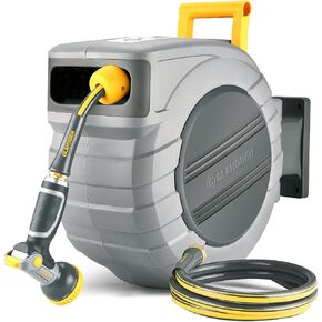 GLAHODEN Retractable Garden Hose Reel, 1/2 in x 115 ft Automatic Wall Mounted Water Hose Reel with Any Length Lock Slow Return System 9 Function Sprayer Nozzle 180°Swivel Bracket in Kuwait