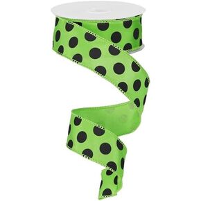 Polka Dot Wired Edge Ribbon, Lime Green Black - 1.5 Inches x 10 Yards in Kuwait