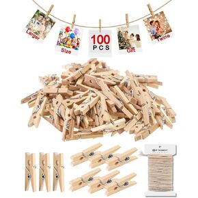 Mini Clothes Pins for Photo, Mini Clothespins, Upgraded 1.18" Picture String with Clips, Small Wooden Close Pins for Classroom Crafts Baby Clothesline Laundry Tiny Polaroid Display Kit, 100 PCS in Kuwait