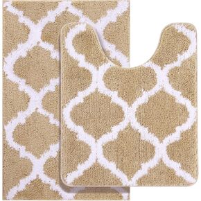 OLANLY Bathroom Rugs Set 2 Piece Microfiber Bath Shower Mat and U-Shaped Toilet Rug, Machine Wash Dry, Non-Slip Absorbent Shaggy Bath Rug for Tub, Shower and Bath Room (24"x16"+24"x20", Beige) in Kuwait