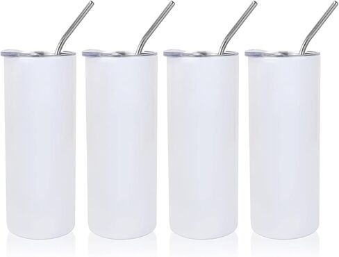Skinny 20 OZ Straight Stainless Steel White Tumbler with Metal Straw for Heat Press Machine Printing 4 Pack in Kuwait
