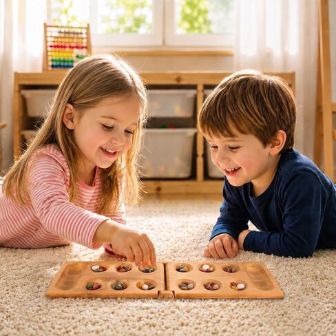 TOWO Mancala Board Game - Kalaha Board Game with Folding Wooden Board Natural Stone Pebbles -Families Board Games-Mancala Games Strategic Game for Kids Adult in Kuwait
