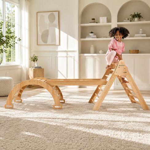 Avenlur Hazel 5-in-1 Indoor Climbing Gym - Waldorf and Montessori Climbing Set with Triangle Ladder, Climbing Ramp, Arch Climber, Rocker, and Slide - Montessori Toys for Children 18mo to 7yr (Natural) in Kuwait