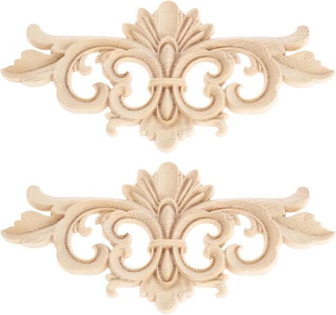 Wood Appliques Decorative Center Carved Onlays, Unpainted Flower Carved Ornament Decals for Door Fireplace Mirror Wall Cabinet Dresser Mantel Bed Closet Furniture DIY Project, 16x7cm/6.3"x2.76", 2Pcs in Kuwait