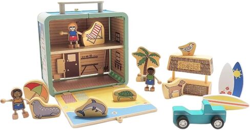 Jack Rabbit Creations Suitcase Playset (Surf Shack Design) 17 Piece Set – Portable Play Toys – Includes Surf Kids, Surfboards, Snack Hut and Car – Made of Eco-Friendly Bamboo - Ages 3+ Years in Kuwait