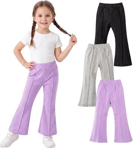 Toddler Girl Flare Pants 3 Pack Ruffle Ribbed Baby Bell Bottoms Slub Cotton Solid Elastic Waist Trousers in Kuwait