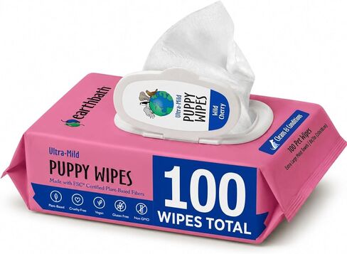 earthbath Ultra-Mild Wild Cherry Puppy Grooming Wipes - Softly Wipe Away Dirt and Odor, Moisturizes, Aloe Vera, Vitamin E - Handily Clean Your Puppies' Dirty Paws & Undercoat - 100 Count, Pack of 2 in Kuwait