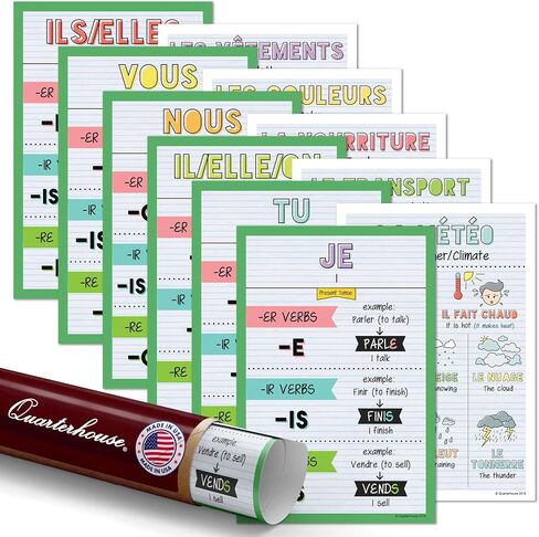 Quarterhouse French Verbs & Beginner Vocabulary (Set A) Poster Set, French Classroom Learning Materials for K-12 Students and Teachers, Set of 11, 12 x 18 Inches, Extra Durable in Kuwait