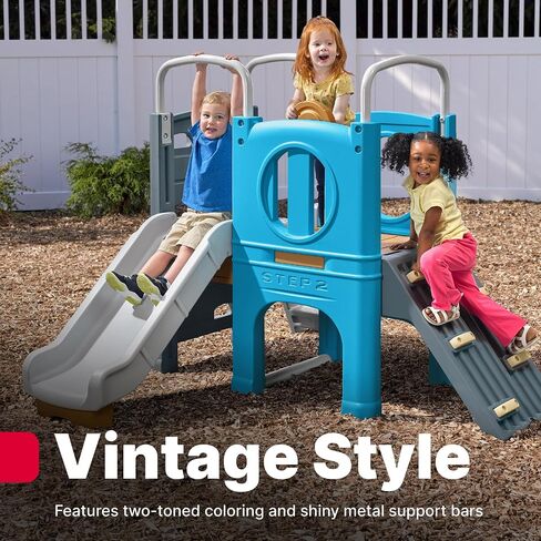 Step2 Scout & Slide Climber Toddler Playset – Toddler Play Gym with Elevated Kids Playhouse, Kids Slide, Two Climbing Walls, Steering Wheel, and Metal Bars – Dimensions 72.5" x 70" x 55.75" in Kuwait