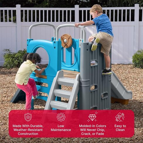 Step2 Scout & Slide Climber Toddler Playset – Toddler Play Gym with Elevated Kids Playhouse, Kids Slide, Two Climbing Walls, Steering Wheel, and Metal Bars – Dimensions 72.5" x 70" x 55.75" in Kuwait