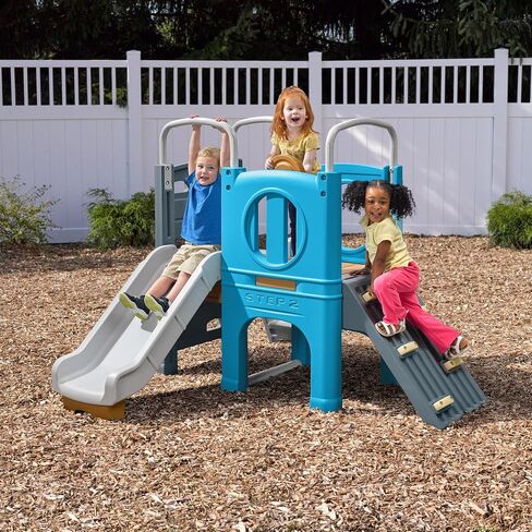 Step2 Scout & Slide Climber Toddler Playset – Toddler Play Gym with Elevated Kids Playhouse, Kids Slide, Two Climbing Walls, Steering Wheel, and Metal Bars – Dimensions 72.5" x 70" x 55.75" in Kuwait