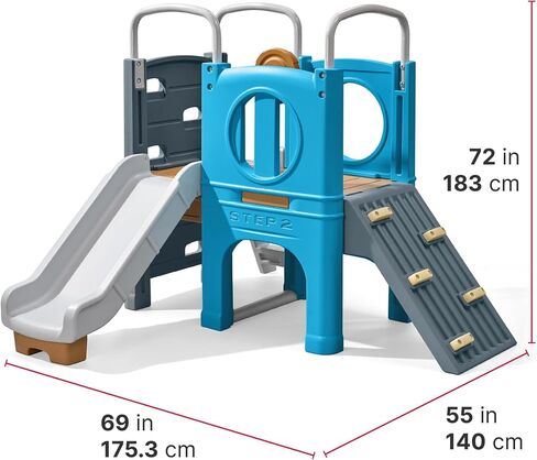 Step2 Scout & Slide Climber Toddler Playset – Toddler Play Gym with Elevated Kids Playhouse, Kids Slide, Two Climbing Walls, Steering Wheel, and Metal Bars – Dimensions 72.5" x 70" x 55.75" in Kuwait
