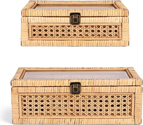 Rattan Square Box with Lid - Set of 2 Wicker Decorative Bins with Glass Cover for Display in Kuwait