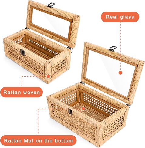 Rattan Square Box with Lid - Set of 2 Wicker Decorative Bins with Glass Cover for Display in Kuwait