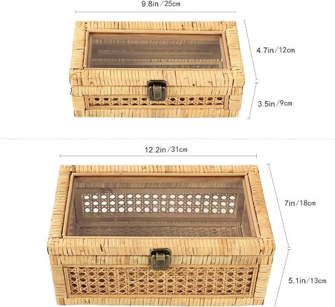 Rattan Square Box with Lid - Set of 2 Wicker Decorative Bins with Glass Cover for Display in Kuwait