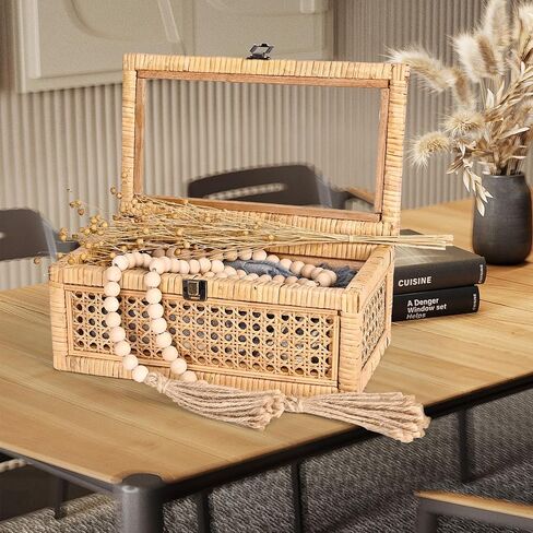 Rattan Square Box with Lid - Set of 2 Wicker Decorative Bins with Glass Cover for Display in Kuwait