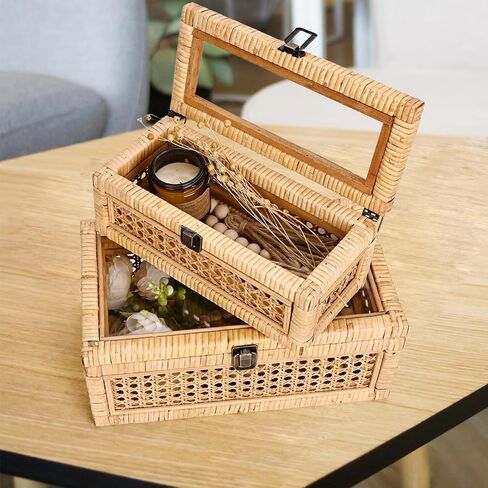 Rattan Square Box with Lid - Set of 2 Wicker Decorative Bins with Glass Cover for Display in Kuwait