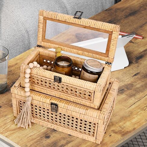 Rattan Square Box with Lid - Set of 2 Wicker Decorative Bins with Glass Cover for Display in Kuwait