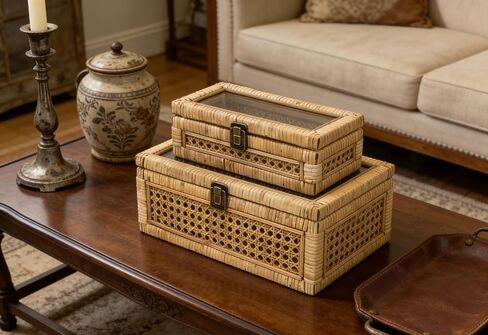 Rattan Square Box with Lid - Set of 2 Wicker Decorative Bins with Glass Cover for Display in Kuwait