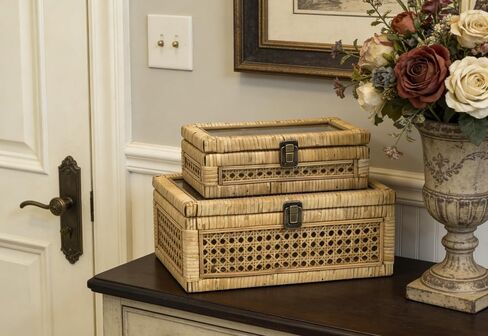 Rattan Square Box with Lid - Set of 2 Wicker Decorative Bins with Glass Cover for Display in Kuwait