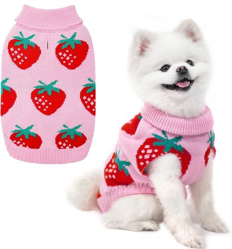 Dog Sweaters for Small Dogs - Cute Girl Dog Clothes Knitwear Warm Puppy Winter Sweater, Pink Strawberry in Kuwait