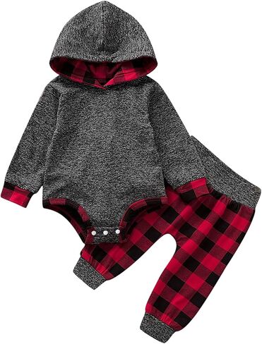 Newborn Baby Boy Clothes Fall Winter Infant Outfits Long Sleeve Hoodie Romper + Red Plaid Pants Set in Kuwait