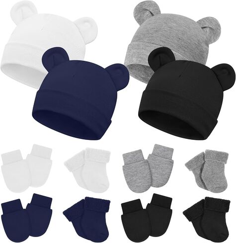 Cuffbow 4 Pcs Preemie Hats Mittens and Socks Set Cotton Preemie Hats No Scratch Mittens Warm Terry Socks for Preemie Baby in Kuwait
