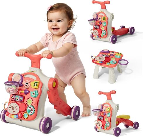 QDRAGON 5 in 1 Walker for Baby Girl, Baby Push Walkers, Assemble as Scooter/Motorbike/Activity Center/Detachable Panel, Walking Toys for Infants 6-12 Months, Red in Kuwait