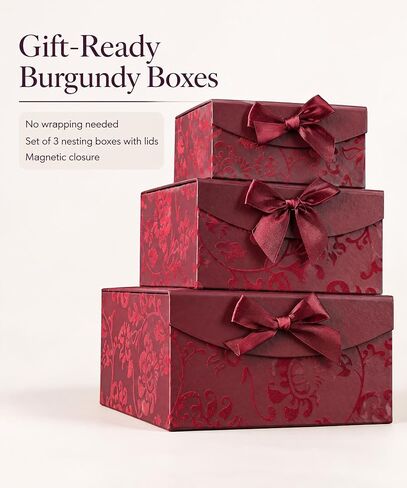 Burgundy Small Swirl Nesting Elegant Christmas Gift Boxes - Set of 3 - With Bows and Magnetic Closure for Party Wedding Gifts in Kuwait