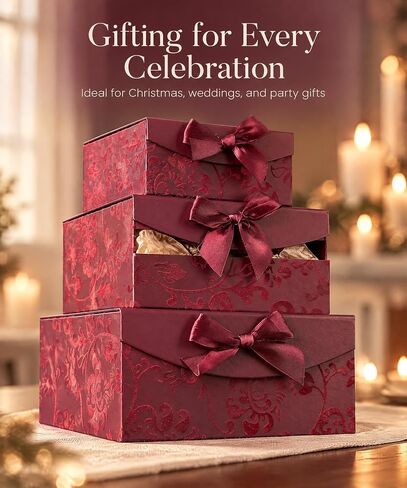 Burgundy Small Swirl Nesting Elegant Christmas Gift Boxes - Set of 3 - With Bows and Magnetic Closure for Party Wedding Gifts in Kuwait
