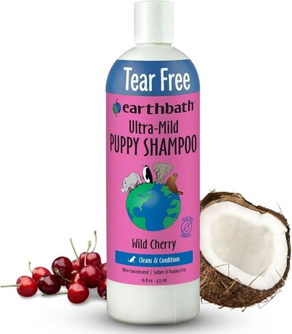 Earthbath Ultra-Mild Wild Cherry Puppy Shampoo - Tearless & Extra Gentle for Puppies' Sensitive Skin, Aloe Vera, Vitamin E, Give Your Puppy a Brilliant and Quality Shine, Made in USA - 16 fl. oz in Kuwait