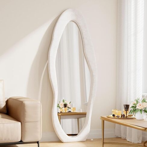 63" x 24" Full Length Mirror Irregular Wavy Floor Mirror, Standing Wall Mirrors Large Hanging Mirror for Bedroom, Living Room, Flannel Wooden Frame, White in Kuwait