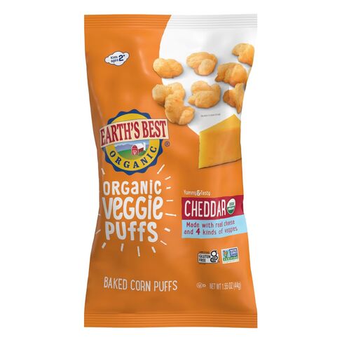 Earth's Best Organic Kids Snacks, Sesame Street Toddler Snacks, Organic Cheddar Veggie Puffs, Gluten Free Snacks for Kids 2 Years and Older, Cheddar, 1.55 oz Bag in Kuwait