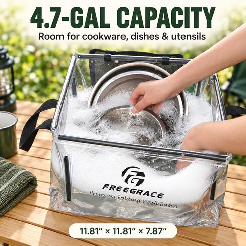 Freegrace Premium Folding Wash Basin - Collapsible Water Sink Container - Lightweight & Durable Transparent Plastic - Wash Dishes Everywhere - Suitable for Camping & Outdoor Activities in Kuwait
