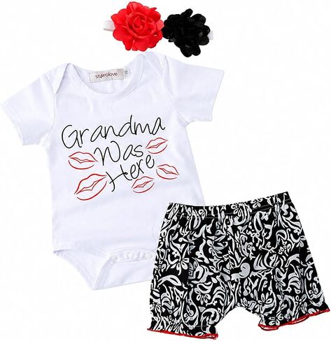 كانت الجدة من Stylesilove Baby Girls هنا رومبير قطني مع شورت وعصابة رأس مكونة من 3 قطع ملابس صيفية in Kuwait
