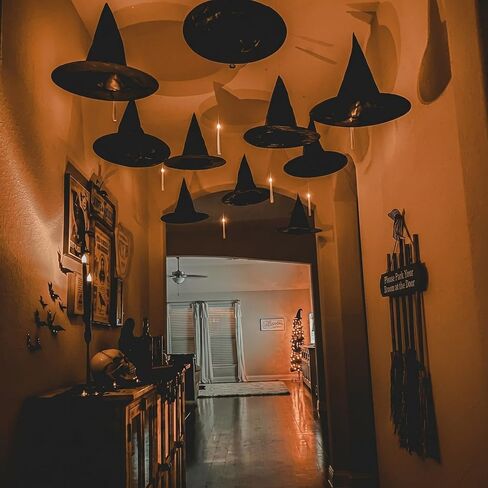 taupphoo Halloween Black Witch Hats DIY Floating Light up Witch Hats with Tea Lights 3D Bats Wall Decorations in Kuwait