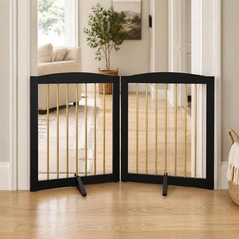 PUPETPO Freestanding Pet Gate for Dogs, Foldable Wooden Dog Gate for House, Indoor Pet Barrier for Stairs, Doorways, Support Feet Included, 24" Height 2 Panels, White in Kuwait