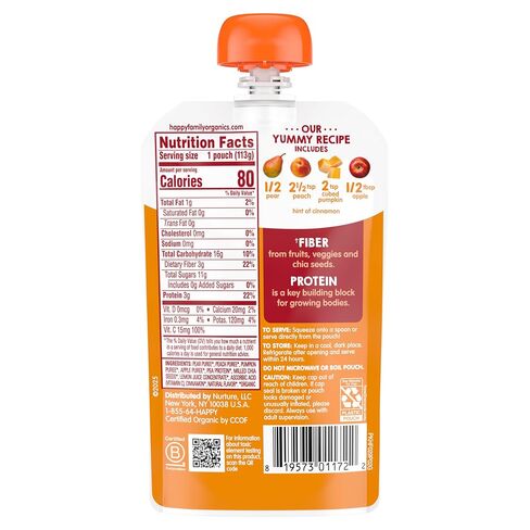 Happy Tot Organics Stage 4 Baby Food Pouches, Gluten Free, Vegan Snack, Fiber & Protein Fruit & Veggie Puree, Apples, Peaches, Pumpkin & Cinnamon, 4 Ounce (Pack of 1) in Kuwait