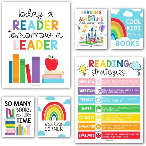 6 Colorful Reading Posters For Classroom Library Decorations For School - Reading Posters For Elementary School, Reading Bulletin Board Sets For Classrooms, Reading Corner Decor For Classroom Decor in Kuwait