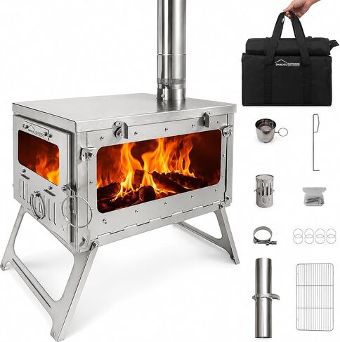 DANCHEL OUTDOOR TSG Foldable TA1 Titanium Tent Stove with Side Glass Ultralight, Small Wood Stove Burning Camping with Spark Arrestor Portable, 6.6lbs in Kuwait