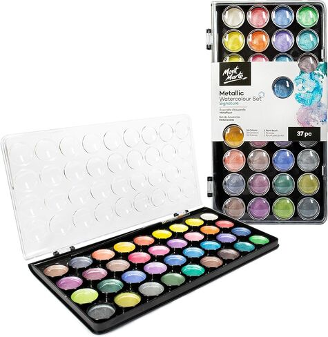 MONT MARTE Signature Metallic Watercolor Set, 37 Piece Pearl Paint, 36 Vibrant Colors, 1 Paint Brush in Kuwait