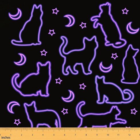 Black Cat Fabric by The Yard, Glowing Stars Moon Decorative Fabric for Bed Sofa, Neon Purple Line Cat Upholstery Fabric, Kawaii Kitten Waterproof Fabric, Cute Cartoon Cat DIY Outdoor Fabric, 1 Yard in Kuwait