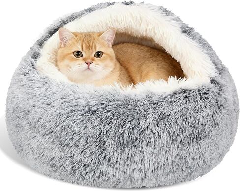 Calming Dog Beds & Cat Cave Bed with Hooded Cover,Removable Washable Round Beds for Small Medium Pets,Anti-Slip Faux Fur Fluffy Coved Bed for Improved Sleep,Fits up to 15/25 lbs(Dark Grey,24"x24") in Kuwait