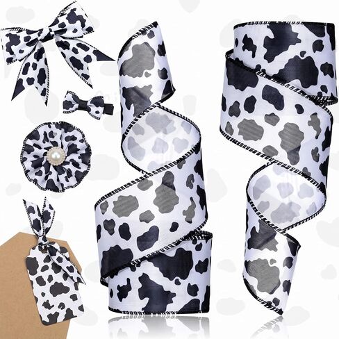 2 Rolls 20 Yards Cow Print Ribbon Cow Print Wired Edge Ribbon Cow Spot Pattern Ornaments Fabric Ribbons for Wreaths, Wrapping, Crafting, Christmas, Home Party (2.5 inch Width, Black and White) in Kuwait